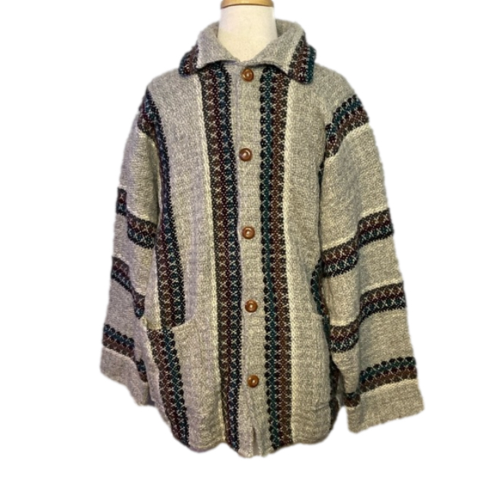 Incas Arts Ecuador 100% Wool Sweater Jacket Unisex Gray Tan Button Front